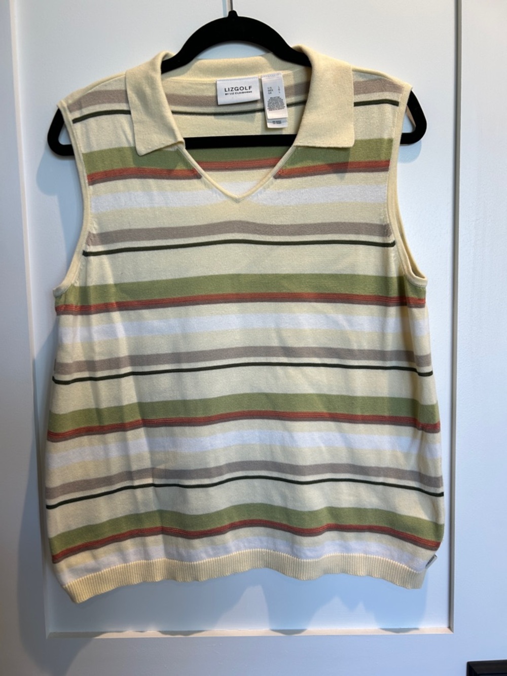 Lizgolf Cream Striped Sleeveless Polo Tank with Green & Rust Accents